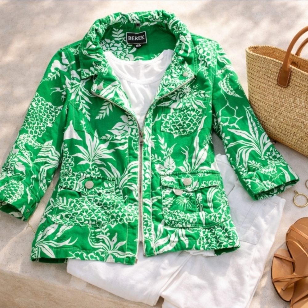 Berek Designed Linen Jacket • Botanical Print • Statement Detail • Size L